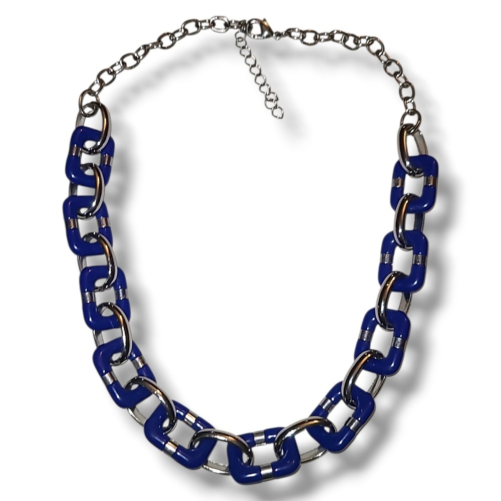 Vintage‎ Y2K Blue Acrylic Stainless Steel Chunky Chain Necklace 20-22in Mod